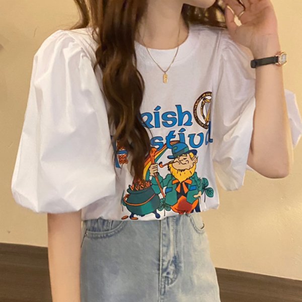 画像4: Illustration Puff sleeve oversized T-shirt short-sleeved 　パフスリーブイラストラウンドネック半袖 Tシャツ (4)