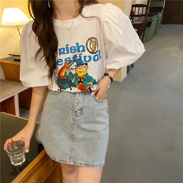 画像6: Illustration Puff sleeve oversized T-shirt short-sleeved 　パフスリーブイラストラウンドネック半袖 Tシャツ (6)