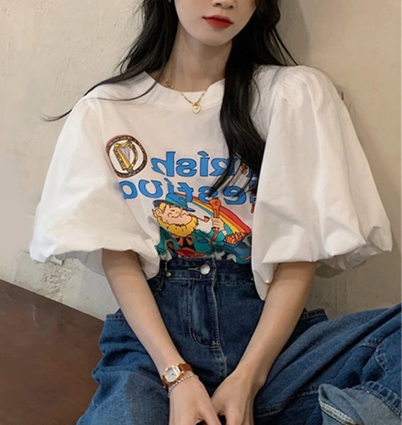 画像5: Illustration Puff sleeve oversized T-shirt short-sleeved 　パフスリーブイラストラウンドネック半袖 Tシャツ (5)