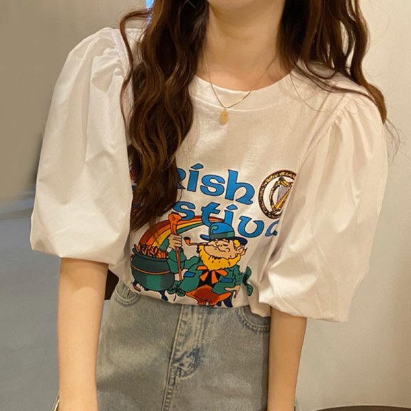 画像8: Illustration Puff sleeve oversized T-shirt short-sleeved 　パフスリーブイラストラウンドネック半袖 Tシャツ (8)