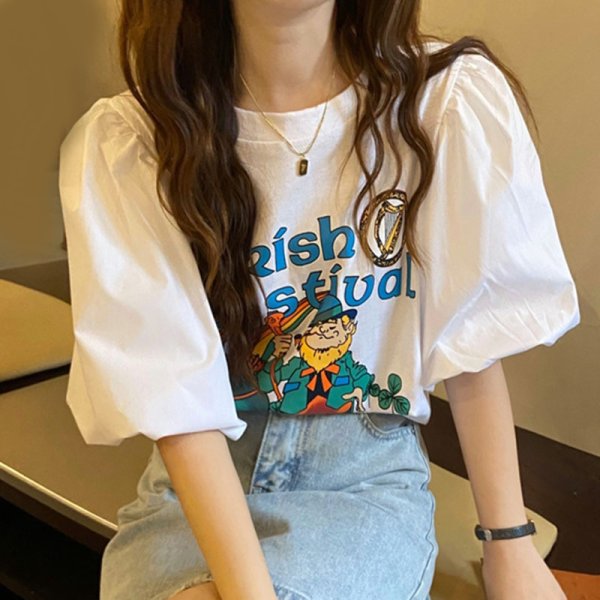 画像1: Illustration Puff sleeve oversized T-shirt short-sleeved 　パフスリーブイラストラウンドネック半袖 Tシャツ (1)