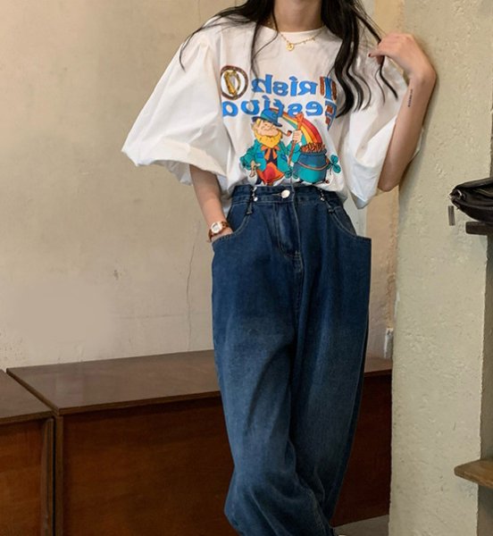 画像7: Illustration Puff sleeve oversized T-shirt short-sleeved 　パフスリーブイラストラウンドネック半袖 Tシャツ (7)