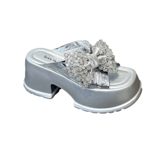 画像3: Women's Wedge platform heel ribbon rhinestone sandals  slippers 　ユニセックス厚底プラットフォームラインストーンリボンサンダルスリッパ (3)