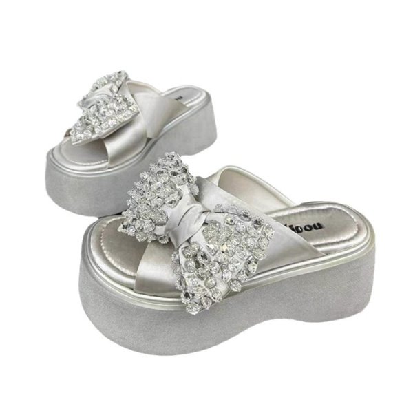 画像6: Women's Wedge platform heel ribbon rhinestone sandals  slippers 　ユニセックス厚底プラットフォームラインストーンリボンサンダルスリッパ (6)