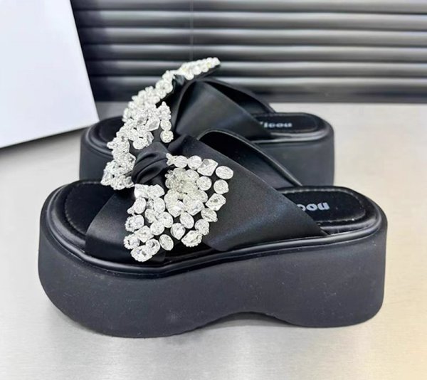 画像5: Women's Wedge platform heel ribbon rhinestone sandals  slippers 　ユニセックス厚底プラットフォームラインストーンリボンサンダルスリッパ (5)