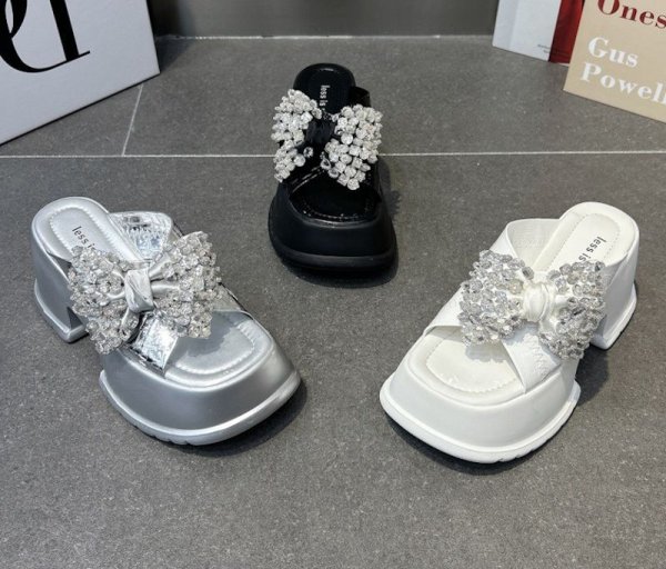 画像4: Women's Wedge platform heel ribbon rhinestone sandals  slippers 　ユニセックス厚底プラットフォームラインストーンリボンサンダルスリッパ (4)
