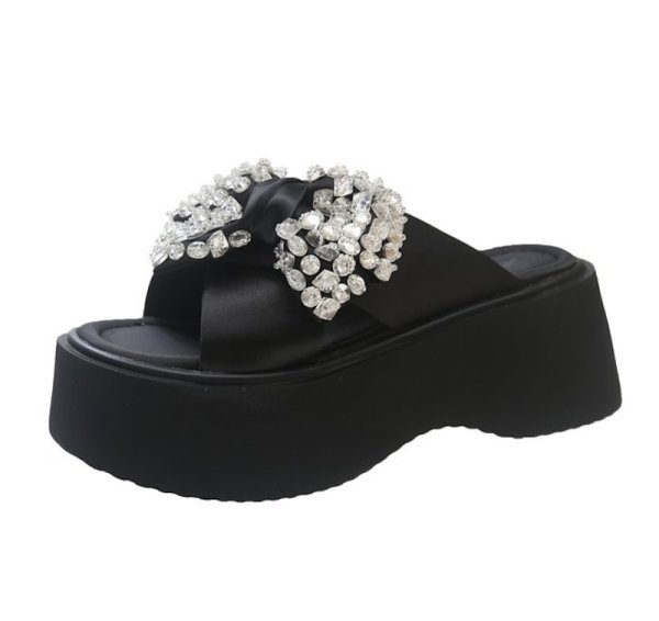 画像1: Women's Wedge platform heel ribbon rhinestone sandals  slippers 　ユニセックス厚底プラットフォームラインストーンリボンサンダルスリッパ (1)