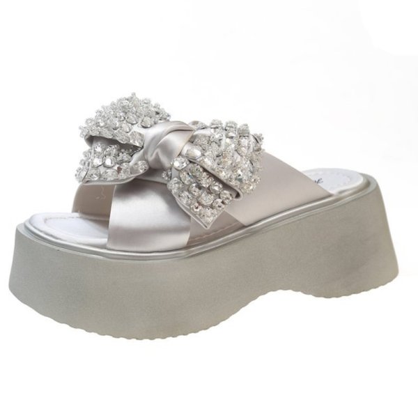 画像2: Women's Wedge platform heel ribbon rhinestone sandals  slippers 　ユニセックス厚底プラットフォームラインストーンリボンサンダルスリッパ (2)
