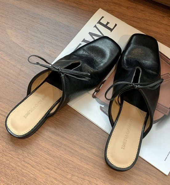 画像7: Lace-up thick heel sandals and mules  Slippers half pumps  ローヒールレースアップリボン レザーミュール サンダルスリッパパンプス (7)