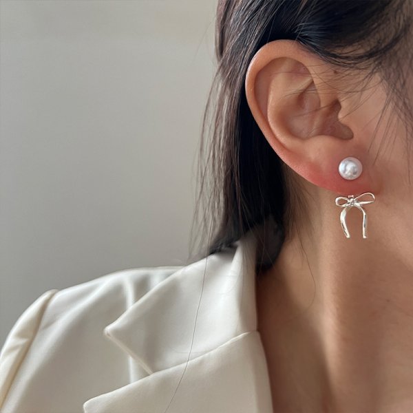 画像3:  Pearl & Ribbon Tie Ear Jacket Earring  リボンパールピアス イアリング (3)