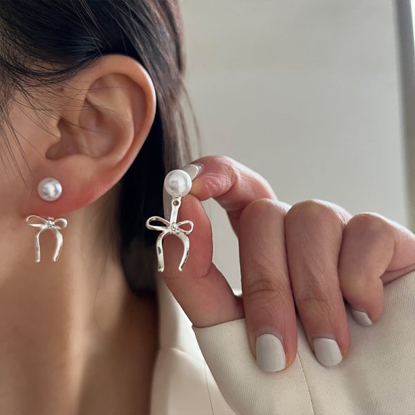 画像4:  Pearl & Ribbon Tie Ear Jacket Earring  リボンパールピアス イアリング (4)