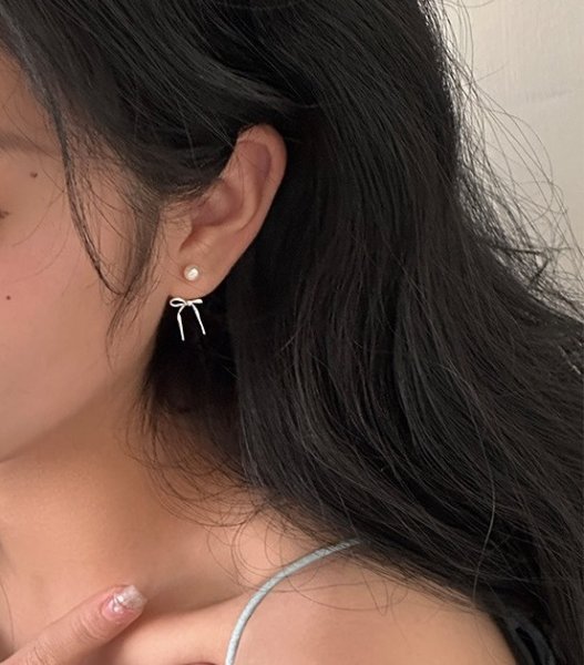 画像2:  Pearl & Ribbon Tie Ear Jacket Earring  リボンパールピアス イアリング (2)