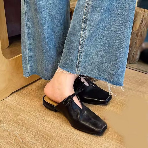 画像3: Lace-up thick heel sandals and mules  Slippers half pumps  ローヒールレースアップリボン レザーミュール サンダルスリッパパンプス (3)