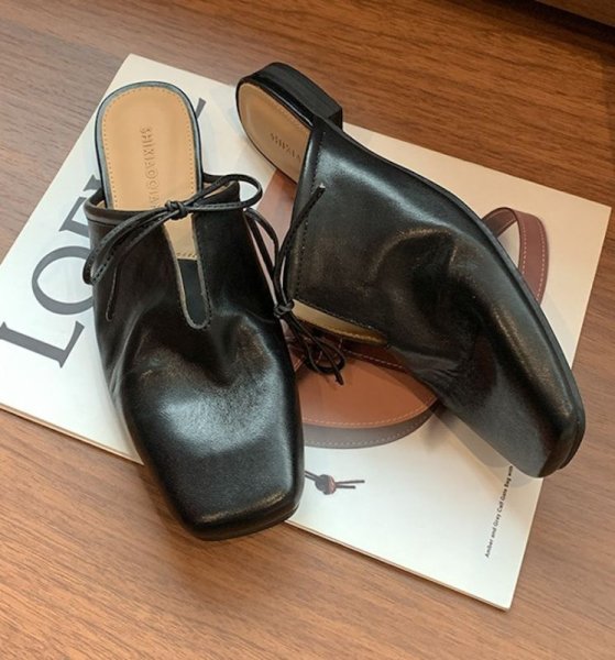 画像6: Lace-up thick heel sandals and mules  Slippers half pumps  ローヒールレースアップリボン レザーミュール サンダルスリッパパンプス (6)