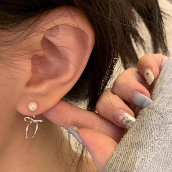 画像5:  Pearl & Ribbon Tie Ear Jacket Earring  リボンパールピアス イアリング (5)