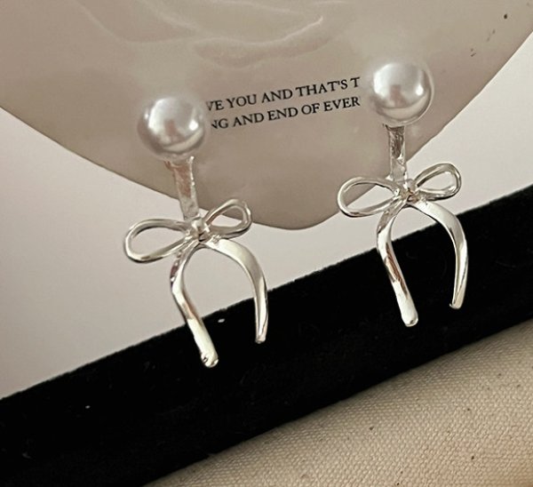 画像7:  Pearl & Ribbon Tie Ear Jacket Earring  リボンパールピアス イアリング (7)