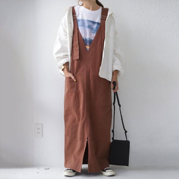 画像6: Women's Adult Overall Skirt Loose Wide Leg Dress Suspender Skirt maxi dress　ロング丈サロペットサスペンダースカートワンピース ドレス (6)