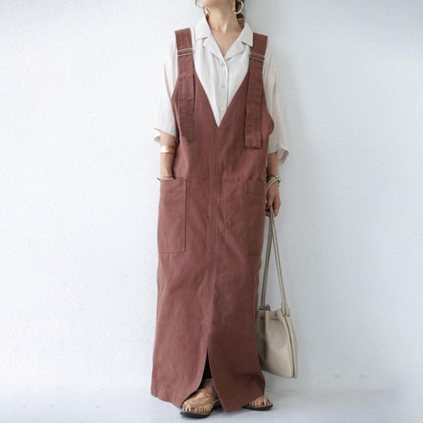 画像4: Women's Adult Overall Skirt Loose Wide Leg Dress Suspender Skirt maxi dress　ロング丈サロペットサスペンダースカートワンピース ドレス (4)