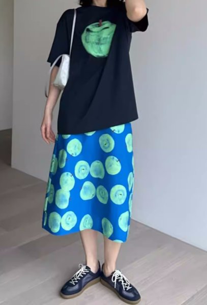画像3: Women's French pear-shaped figure contrast blue print a-line skirt　Aライン洋ナシプリントミドル丈ハイウエストスカート (3)