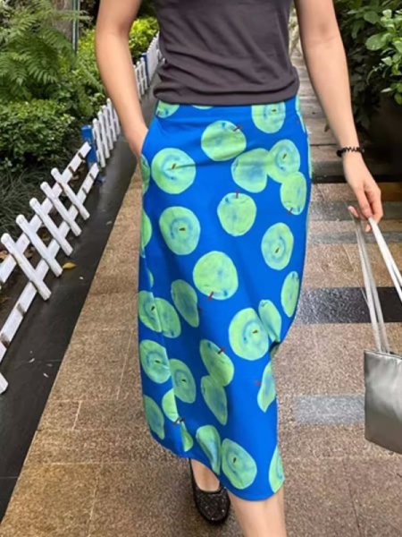 画像4: Women's French pear-shaped figure contrast blue print a-line skirt　Aライン洋ナシプリントミドル丈ハイウエストスカート (4)