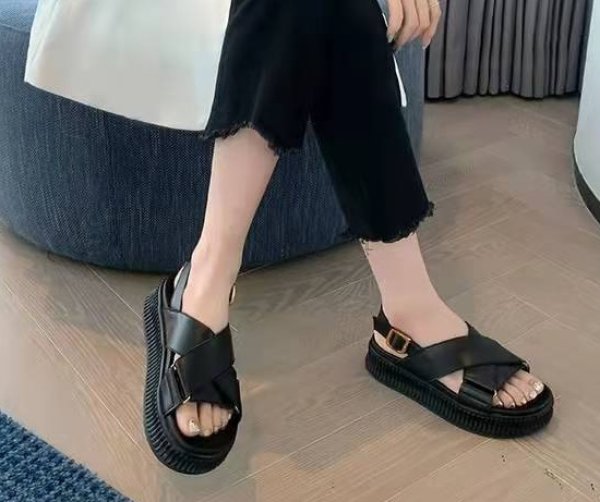 画像8: Women's cross strap buckle platform  Sandals Slippers　ユニセックスクロスストラップ厚底プラットフォームレザーサンダルスリッパ (8)