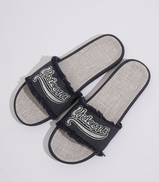 画像7: Women's Alphabet logo embroidered flat denim sandals slippers　ユニセックスアルファベットロゴ刺繍フラットサンダルスリッパ (7)