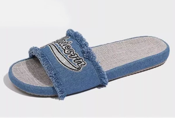 画像1: Women's Alphabet logo embroidered flat denim sandals slippers　ユニセックスアルファベットロゴ刺繍フラットサンダルスリッパ (1)