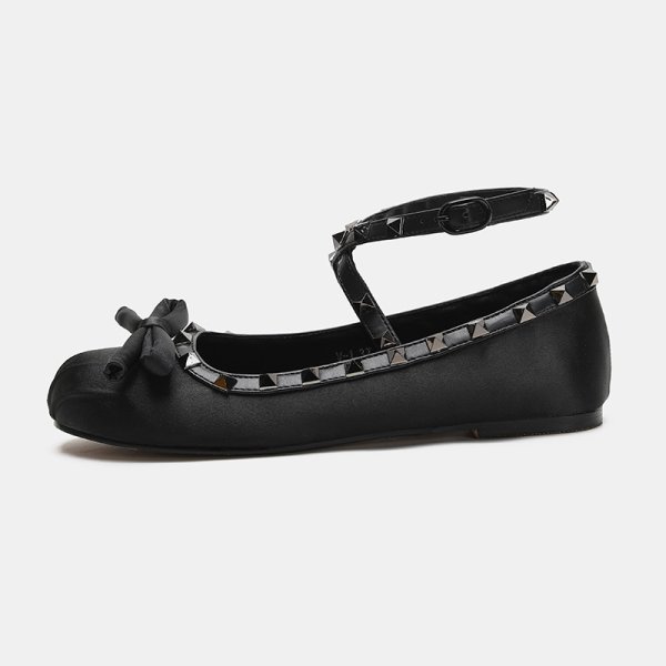 画像5: Ribbon Rivet Satin Flat Fairy Cross Buckle Ballet Pumps Shoes　 フラットサテンリボン＆スタッズバレーバレリーナシューパンプス (5)