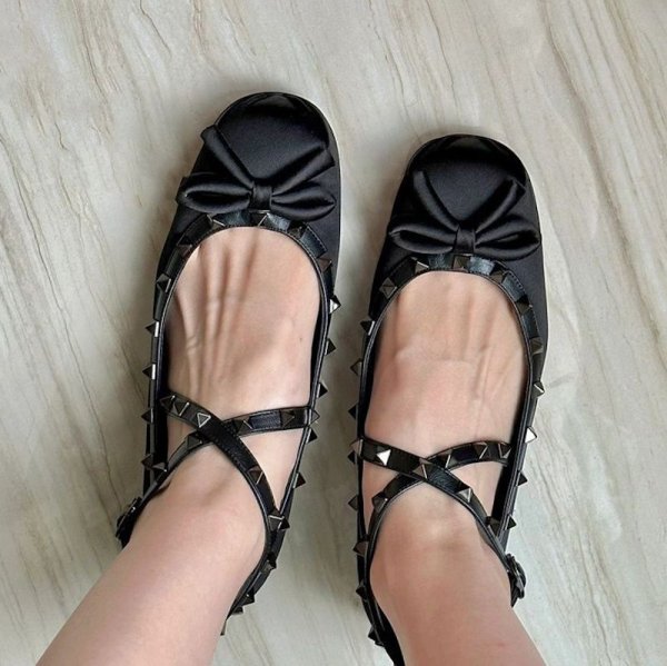 画像7: Ribbon Rivet Satin Flat Fairy Cross Buckle Ballet Pumps Shoes　 フラットサテンリボン＆スタッズバレーバレリーナシューパンプス (7)