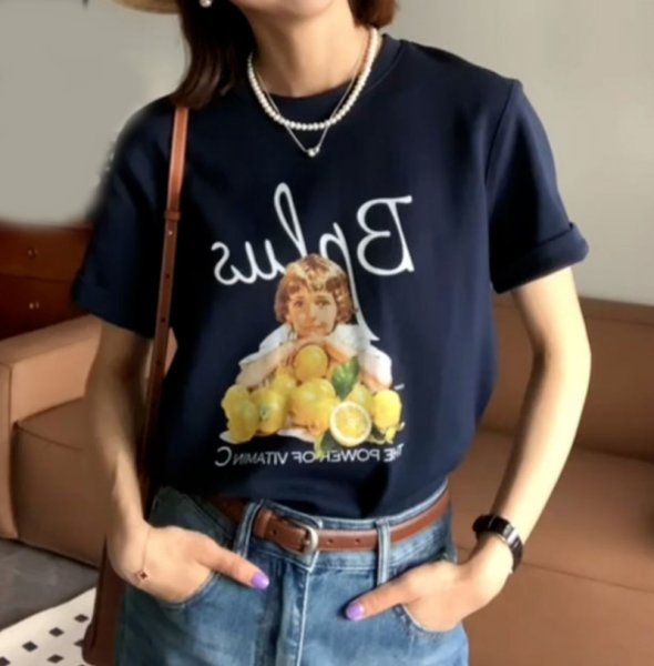 画像3:  Girl and Lemon Retro Photo PrintT-shirt short-sleeved 　少女＆レモンフォトプリントラウンドネック半袖 Tシャツ (3)