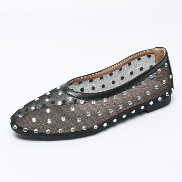 画像1: Mesh Rhinestone Flat Pumps Single Shoes　 フラットラインストーンメッシュパンプスローファー (1)