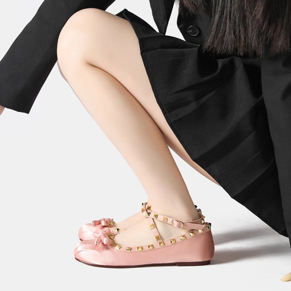 画像2: Ribbon Rivet Satin Flat Fairy Cross Buckle Ballet Pumps Shoes　 フラットサテンリボン＆スタッズバレーバレリーナシューパンプス (2)