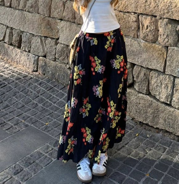 画像1: Women's Flower print gathered long maxi skirt　フラワープリントロングマキシ丈スカート (1)