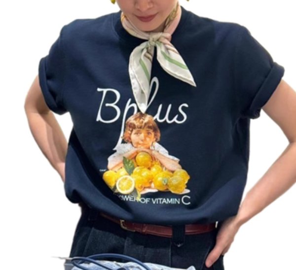 画像2:  Girl and Lemon Retro Photo PrintT-shirt short-sleeved 　少女＆レモンフォトプリントラウンドネック半袖 Tシャツ (2)