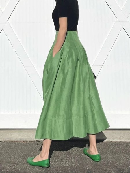 画像2: Women's  A-line Switchable long skirt　フレンチスタイル ハイウエスト ミドル丈 ギャザースカート (2)