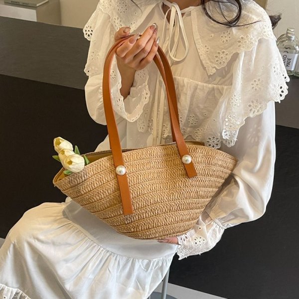 画像7: Pearl handle shell-shaped basket bag tote shoulder bag　パール付きレザーハンドルカゴ籠トートショルダーバッグ (7)