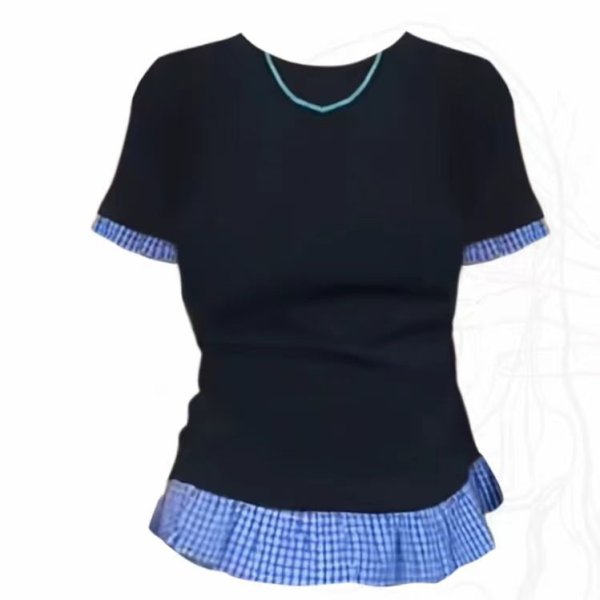 画像1: Check frill short sleeve T-shirt short-sleeved 　チェックギャザー付き半袖 Tシャツ (1)