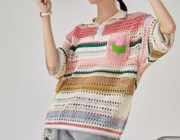 画像3: Women's Colorful striped knit polo shirt knit　 カラフルボーダーポロシャツニット (3)