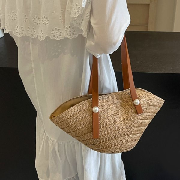 画像6: Pearl handle shell-shaped basket bag tote shoulder bag　パール付きレザーハンドルカゴ籠トートショルダーバッグ (6)