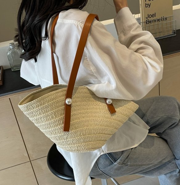 画像5: Pearl handle shell-shaped basket bag tote shoulder bag　パール付きレザーハンドルカゴ籠トートショルダーバッグ (5)