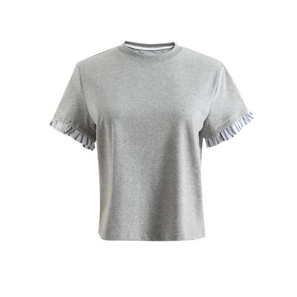 画像1: Splice Pleated  Round NeckT-shirt short-sleeved 　ストライプギャザー淵付きラウンドネック半袖 Tシャツ (1)