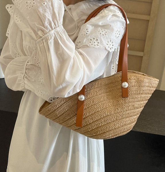 画像4: Pearl handle shell-shaped basket bag tote shoulder bag　パール付きレザーハンドルカゴ籠トートショルダーバッグ (4)