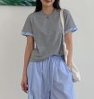 画像7: Splice Pleated  Round NeckT-shirt short-sleeved 　ストライプギャザー淵付きラウンドネック半袖 Tシャツ (7)