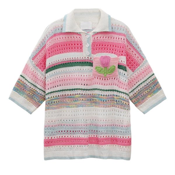 画像1: Women's Colorful striped knit polo shirt knit　 カラフルボーダーポロシャツニット (1)