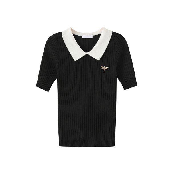 画像1: Women's ribbed collar polo shirt knit　ワンポイントリブポロシャツ半袖ニット (1)