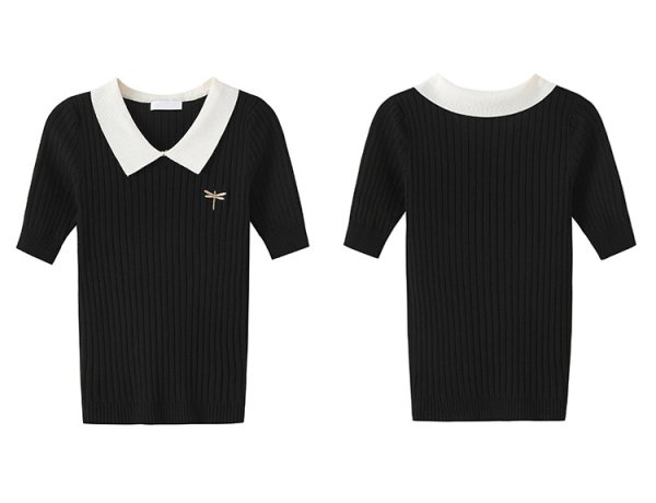 画像2: Women's ribbed collar polo shirt knit　ワンポイントリブポロシャツ半袖ニット (2)