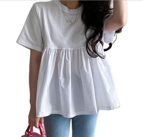 画像1: Cotton ruffle short sleeve  Round Neck T-shirt short-sleeved 　コットン フリルラウンドネック半袖 Tシャツ (1)