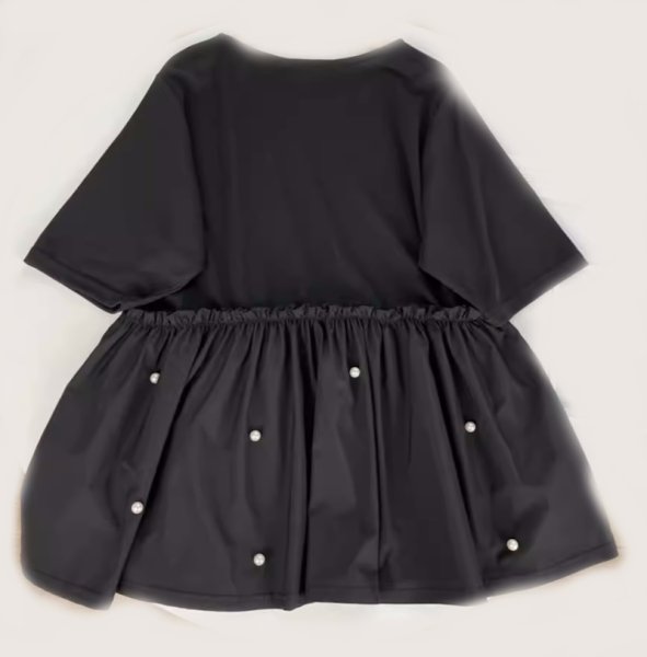 画像7:  Round neck ruffle hem beaded pullover T-shirt　ラウンドネックフリル裾パールプルオーバー T シャツコットン フリルラウンドネック半袖 Tシャツ (7)