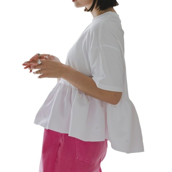 画像4:  Round neck ruffle hem beaded pullover T-shirt　ラウンドネックフリル裾パールプルオーバー T シャツコットン フリルラウンドネック半袖 Tシャツ (4)