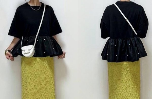 画像5:  Round neck ruffle hem beaded pullover T-shirt　ラウンドネックフリル裾パールプルオーバー T シャツコットン フリルラウンドネック半袖 Tシャツ (5)